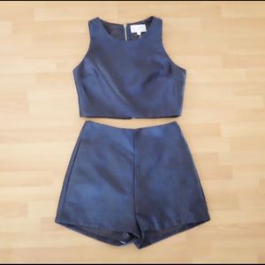 Navy Blue Top and High Waist Shorts Two-Piece Set